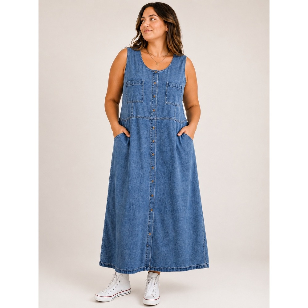 Studio Works Woman Blue Denim Button Front Sleeveless Maxi Dress Plus Size 3X